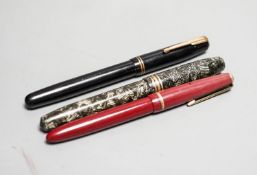 Three pens including 2 gold nibs, Waterman and Parker