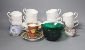 A Chinese Beijing green glass bowl, a Rosenthal Versace cup and saucer, a Royal Copenhagen squat pot