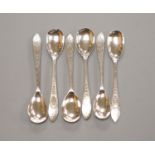 A set of six George III Irish bright cut engraved silver egg spoons, Richard Sawyer, Dublin, 1804,