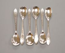 A set of six George III Irish bright cut engraved silver egg spoons, Richard Sawyer, Dublin, 1804,