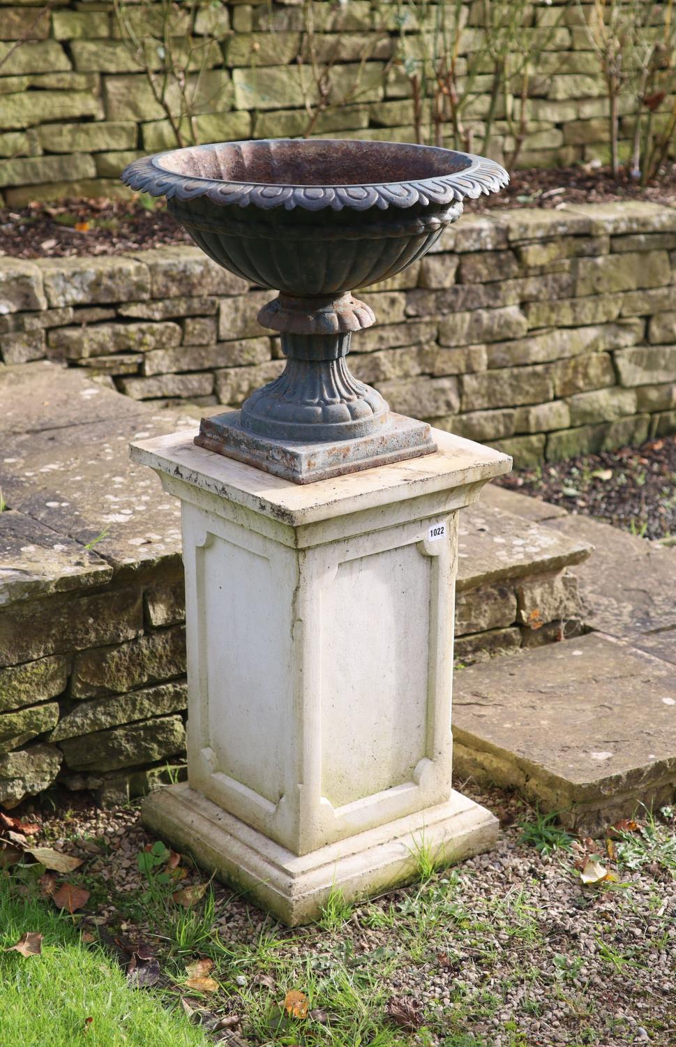 A pair of green painted cast iron garden urns on reconstituted stone pedestals, diameter 52cm height - Image 5 of 5