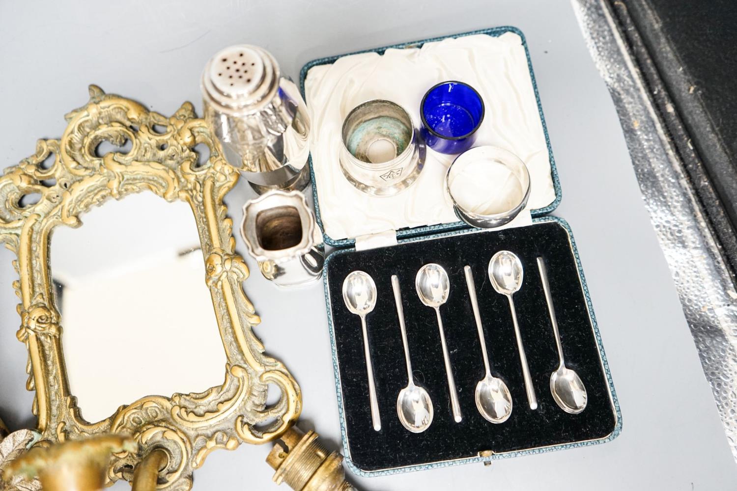 A pair of silver cruets and boxed spoons, various plate and a pair of wall mirrors and a glass - Image 3 of 4