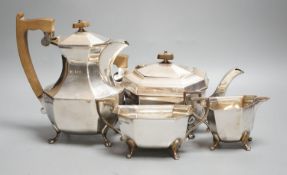 A George VI silver four piece tea set, Viners Ltd, Sheffield, 1939/1940, gross weight 55.5 oz.
