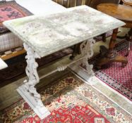 A Victorian cast iron rectangular marble topped garden table, width 91cm, depth 50cm, height 74cm
