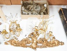 A pair of ormolu and cut glass twin branch wall lights, a bag light and a brass mount