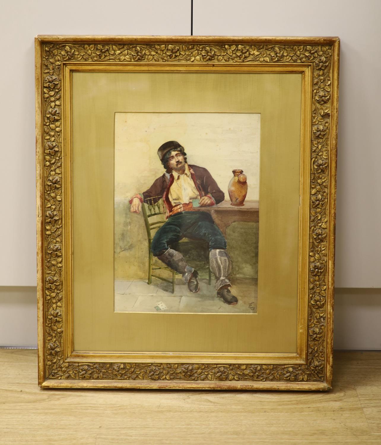 E.G. (19th C.), watercolour, Study of a seated Italian card player, monogrammed, 35 x 25cm - Image 2 of 3