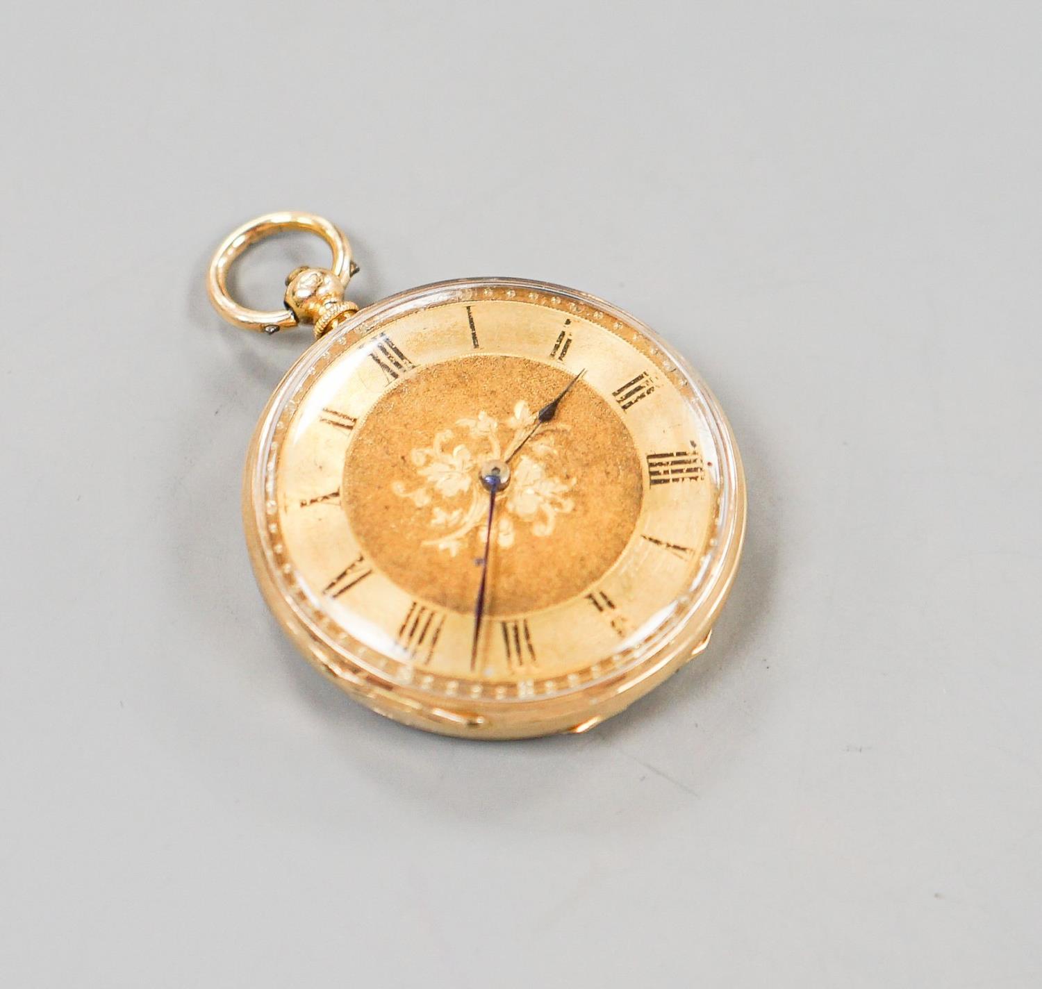 A continental yellow metal, enamel and diamond chip set open face fob watch, decorated en verso with