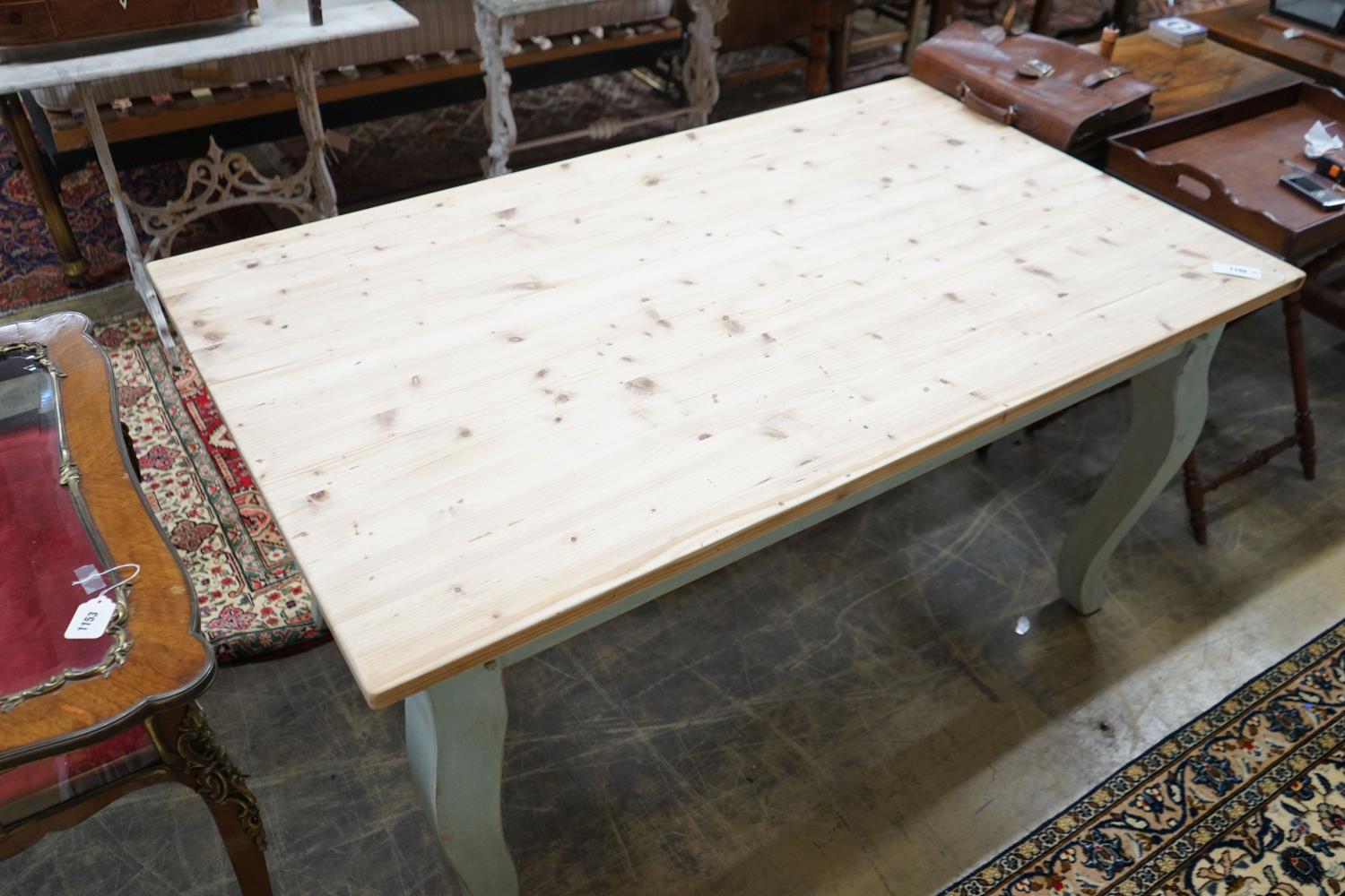A French style part painted pine kitchen table, width 152cm, depth 91cm, height 78cm - Image 3 of 8