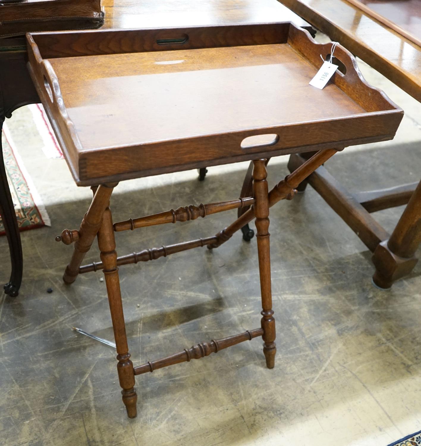 A late Victorian oak butler's tray on folding stand, width 62cm, depth 42cm, height 80cm - Image 3 of 5