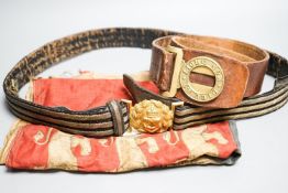 A Royal Naval gilt brass mounted officers belt and an Edwardian Dieu et mon droit belt and a