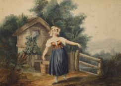 19th century English School, watercolour, Milkmaid in a landscape, 28 x 38cm