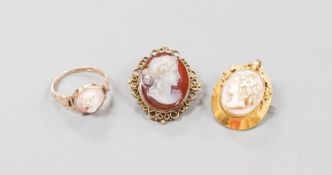 Two yellow metal and cameo set oval brooches, shell and hardstone cameo brooches and a 9ct cameo