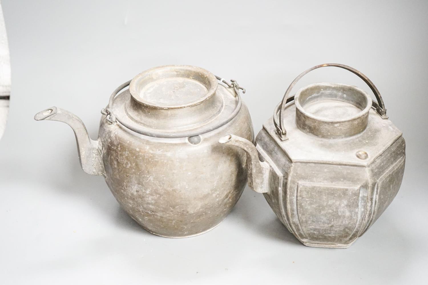 Two Chinese pewter teapots, late 19th/early 20th century, largest 23cm across - Image 2 of 3