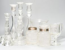 A trio of Colelfax and Fowler clear crystal candlesticks and other clear glasswares, jar height 15cm