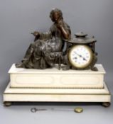 A French marble and bronzed metal figural mantle clock. 49cm