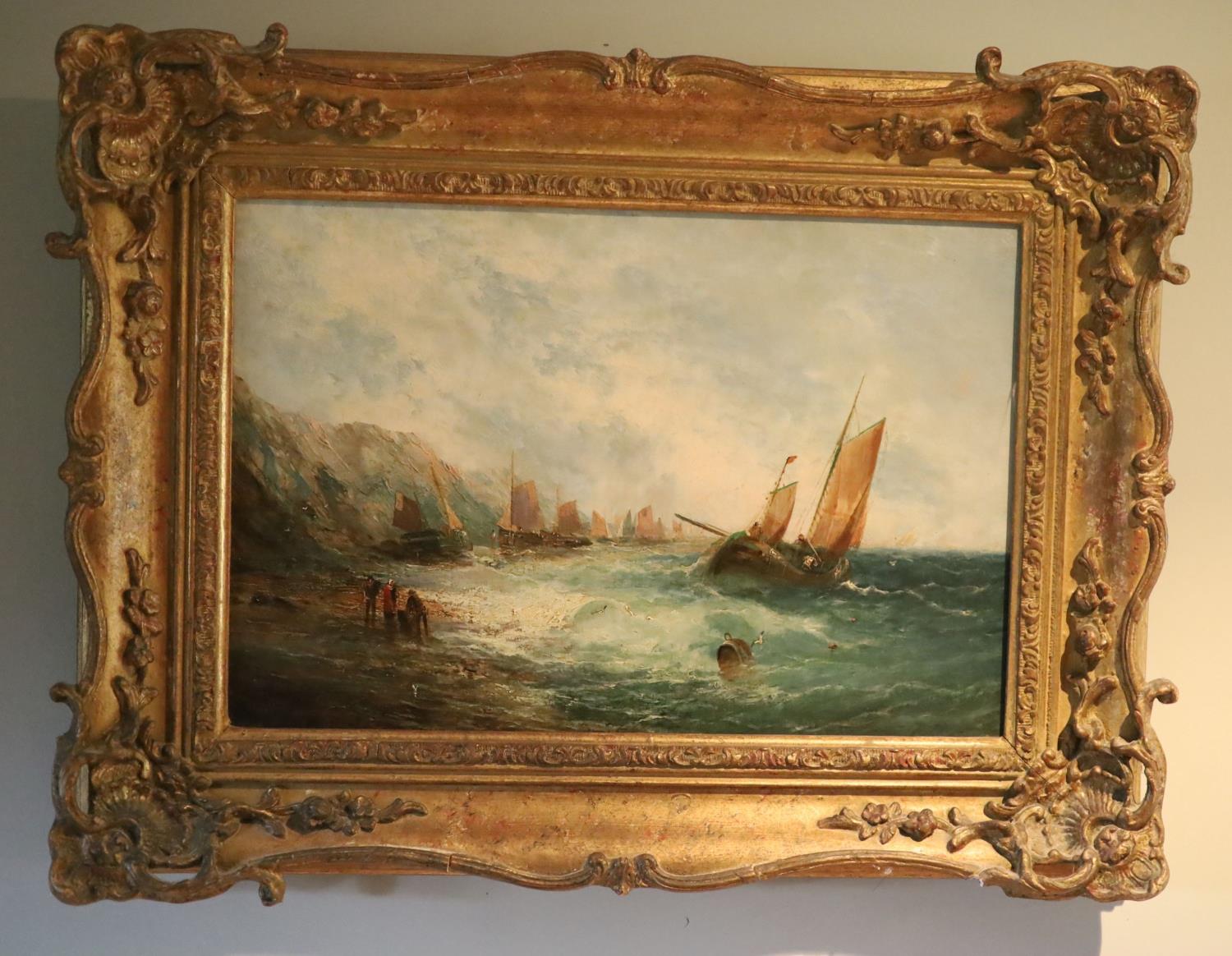 19th century English School, oil on canvas, Fishing boats along the coast, indistinctly signed, 26 x - Image 2 of 2