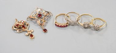 Two 18ct and diamond cluster rings, gross 5.3 grams, a 585 and diamond chip ring, gross 1.7 grams, a