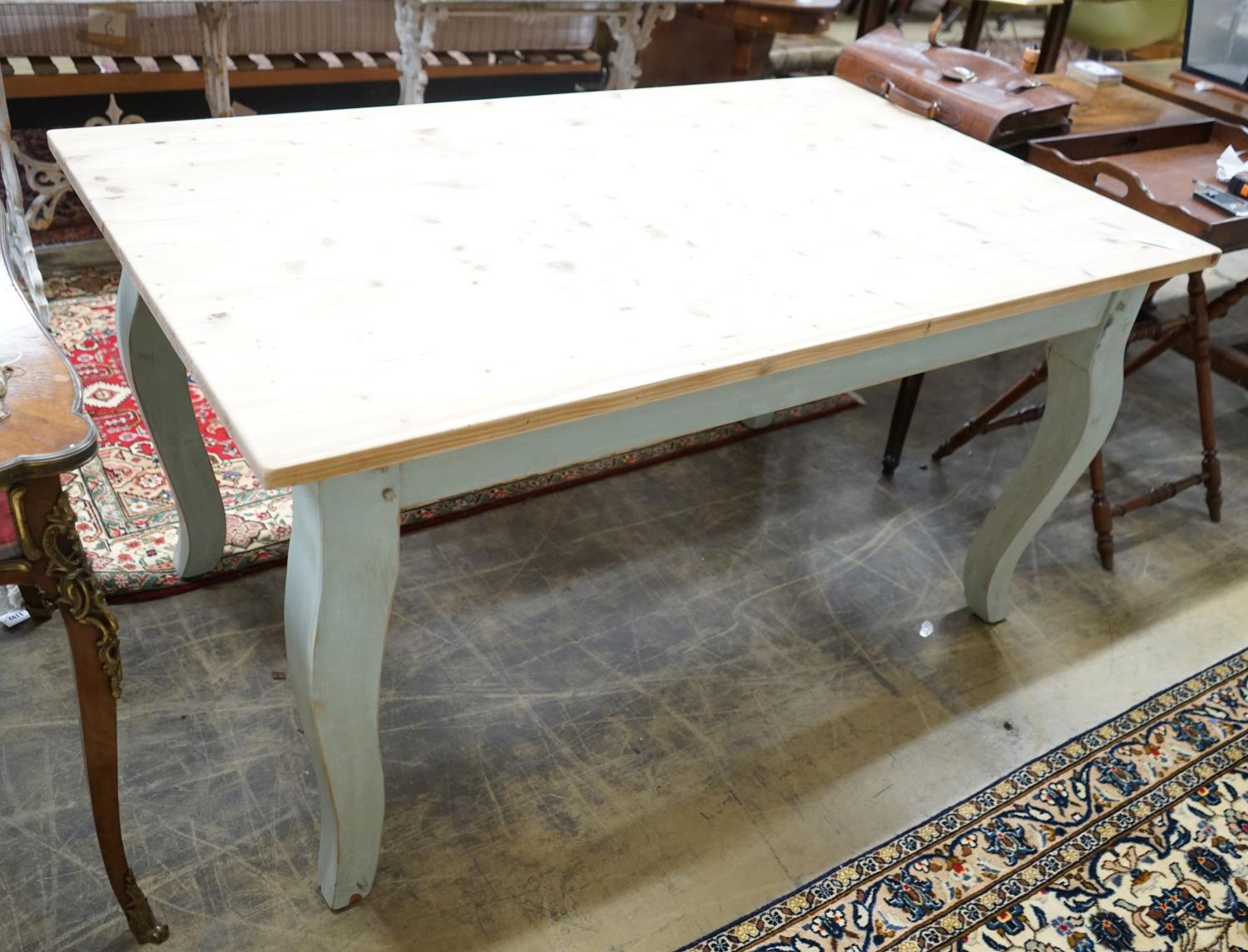 A French style part painted pine kitchen table, width 152cm, depth 91cm, height 78cm - Image 5 of 8
