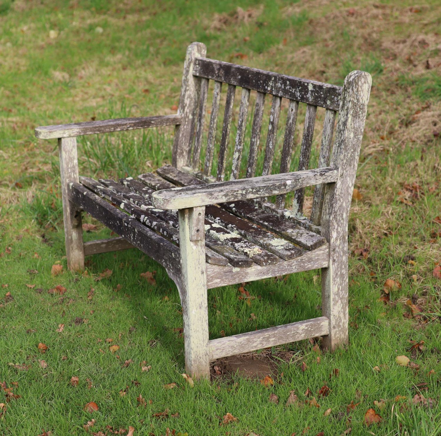 A pair of weathered teak garden benches, width 158cm - Image 2 of 5