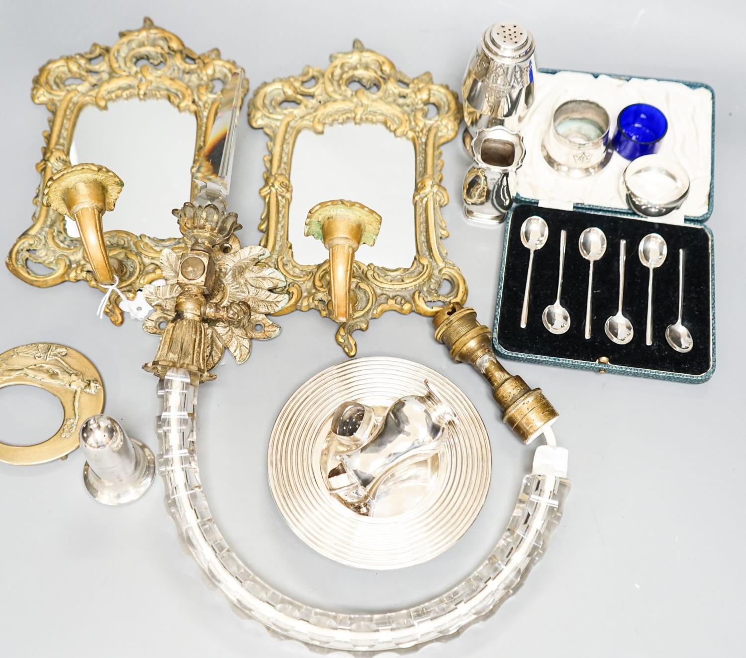 A pair of silver cruets and boxed spoons, various plate and a pair of wall mirrors and a glass