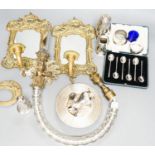A pair of silver cruets and boxed spoons, various plate and a pair of wall mirrors and a glass