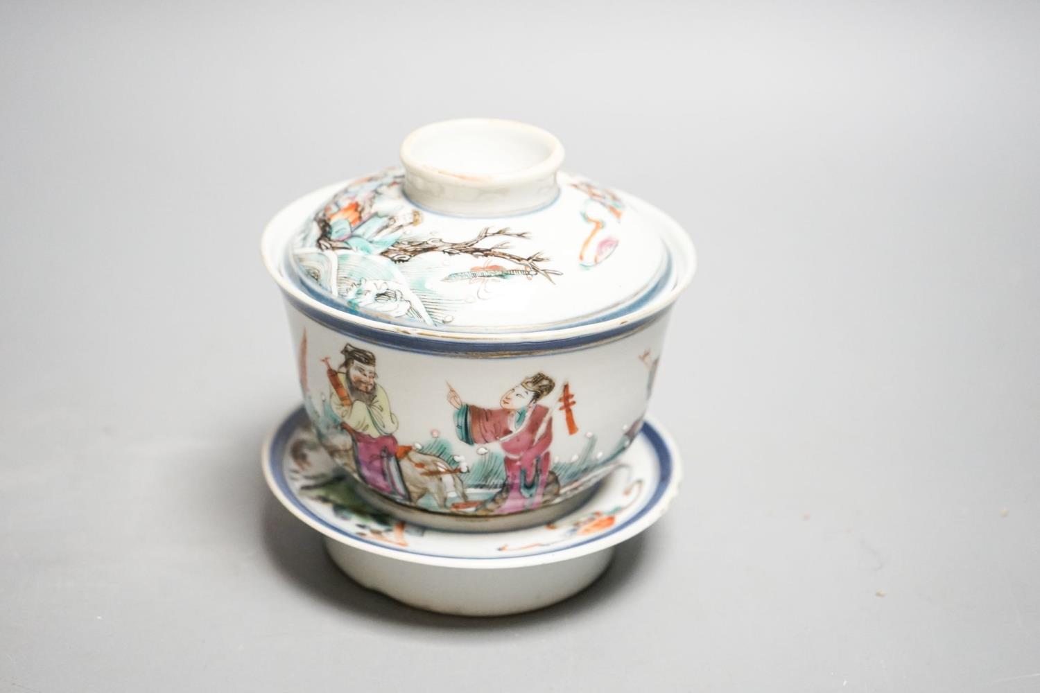 A late 19th century Chinese famille rose rice bowl, cover and stand, 11cm - Image 3 of 6