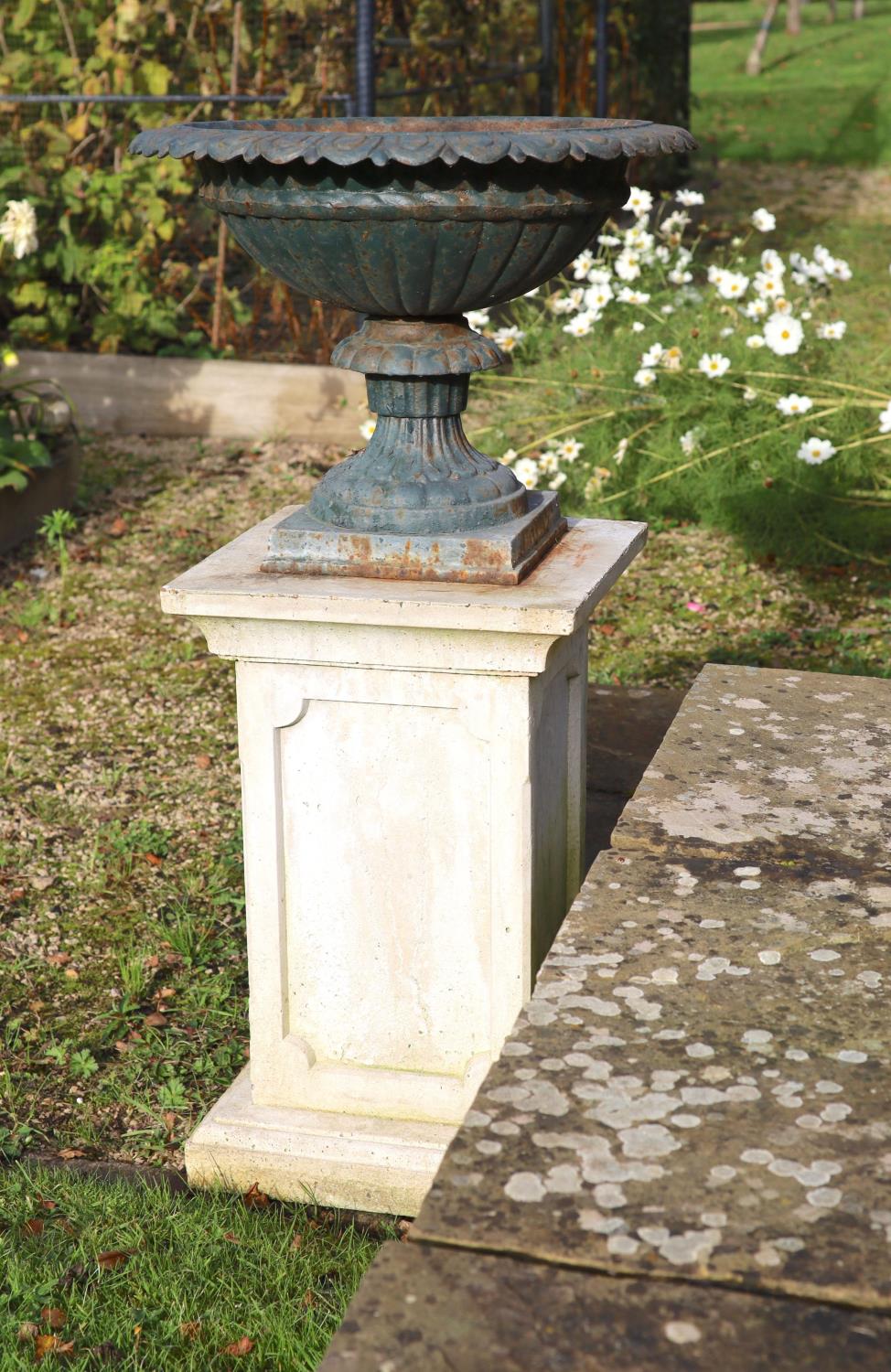 A pair of green painted cast iron garden urns on reconstituted stone pedestals, diameter 52cm height - Image 4 of 5