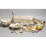 A collection of silver plate to include an enamelled box, candle snuffers, cutlery, box etc