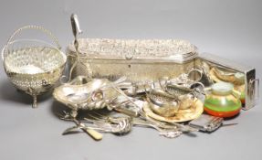 A collection of silver plate to include an enamelled box, candle snuffers, cutlery, box etc
