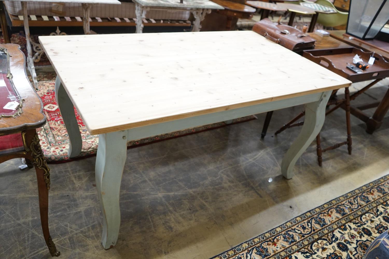 A French style part painted pine kitchen table, width 152cm, depth 91cm, height 78cm - Image 2 of 8