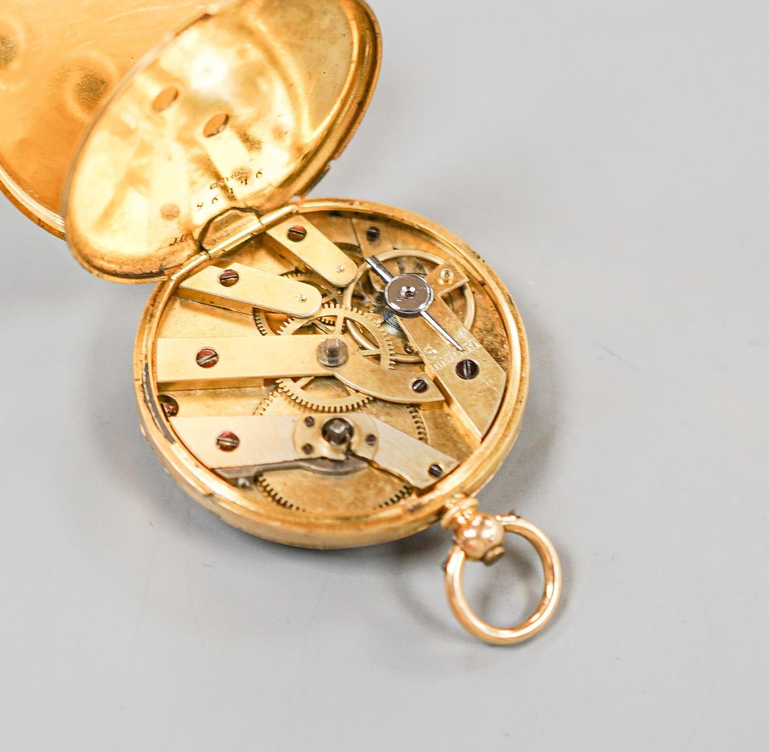 A continental yellow metal, enamel and diamond chip set open face fob watch, decorated en verso with - Image 3 of 4
