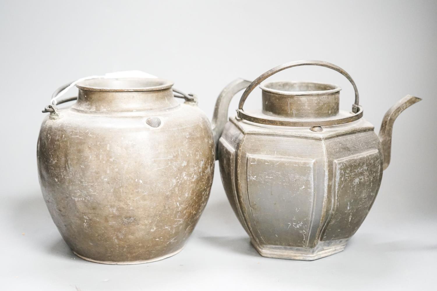 Two Chinese pewter teapots, late 19th/early 20th century, largest 23cm across - Image 3 of 3