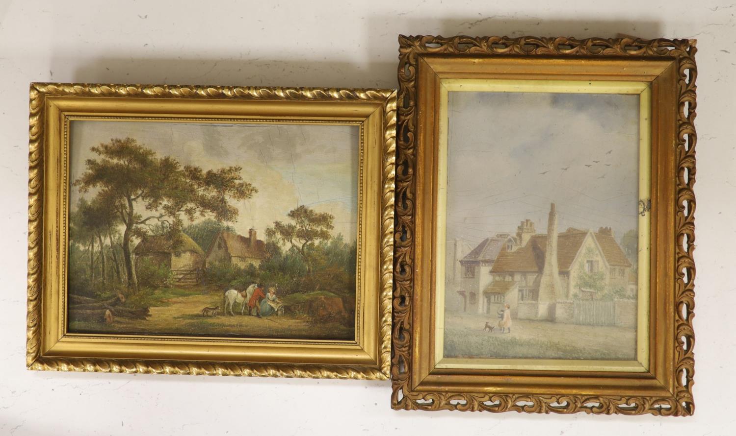 19th century Continental School, oil on wooden panel, Lovers in a landscape, 14 x 20cm and an oil of