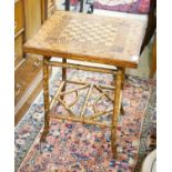 A Victorian bamboo parquetry topped games table, width 59cm, depth 59cm, height 69cm