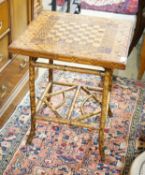 A Victorian bamboo parquetry topped games table, width 59cm, depth 59cm, height 69cm