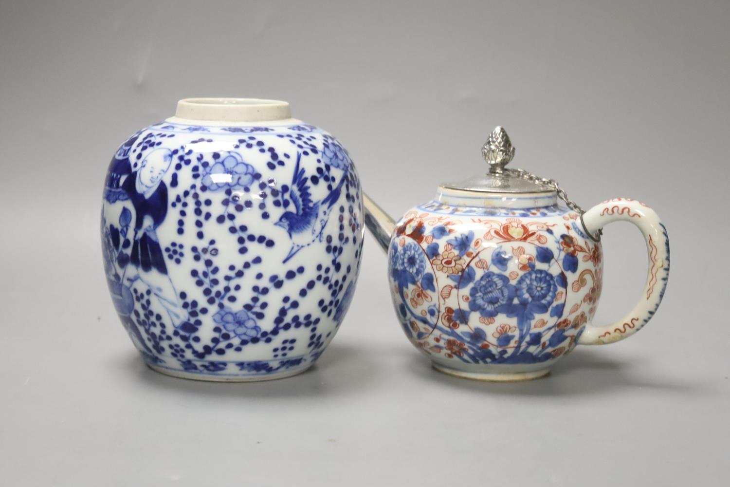 A Chinese Imari porcelain teapot with white metal cover, H 12cm, together with a 19th century - Image 5 of 7