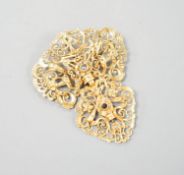 An Indian pierced yellow metal and two stone rose cut diamond set drop pendant brooch, 64mm, gross