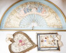 A late 18th / early 19th century Continental figurative framed fan and two religious cased effigy of