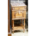 An early 20th century French walnut marble top bedside cabinet, width 38cm, depth 36cm, height 82cm