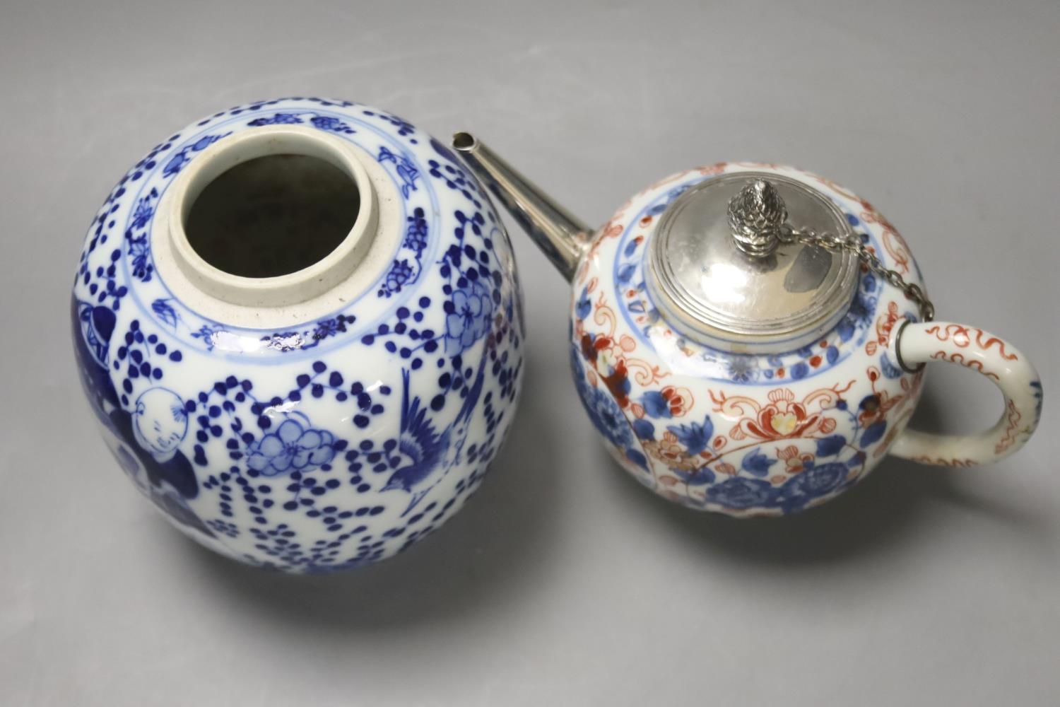 A Chinese Imari porcelain teapot with white metal cover, H 12cm, together with a 19th century - Image 6 of 7