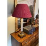 A Victorian ormolu mounted white glass table lamp, height to fitting 58cm