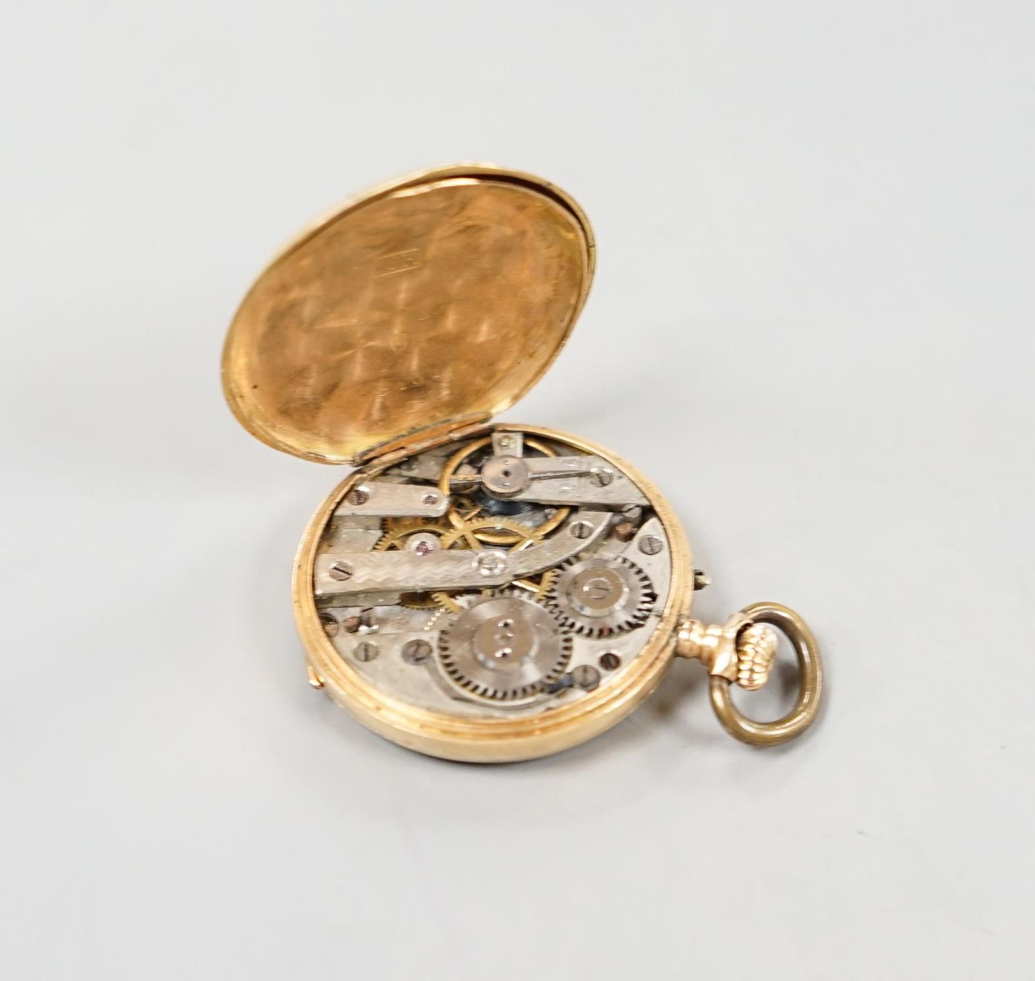 A continental 18k and enamelled open face keyless fob watch, decorated with a young boy hunting, - Image 4 of 4