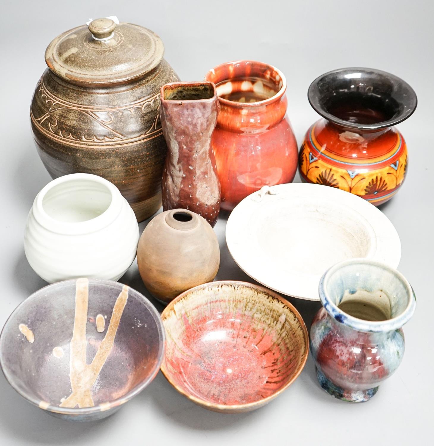 A group of studio pottery including a jar and cover, probably Norah Braden, 25 cm - Image 2 of 6