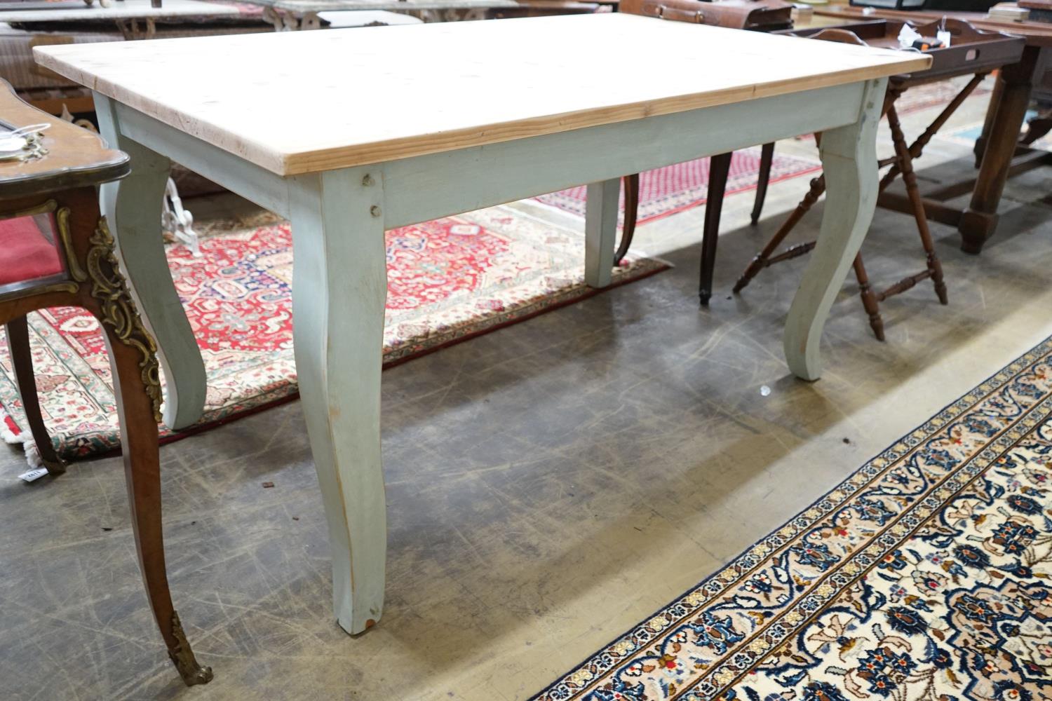 A French style part painted pine kitchen table, width 152cm, depth 91cm, height 78cm - Image 4 of 8