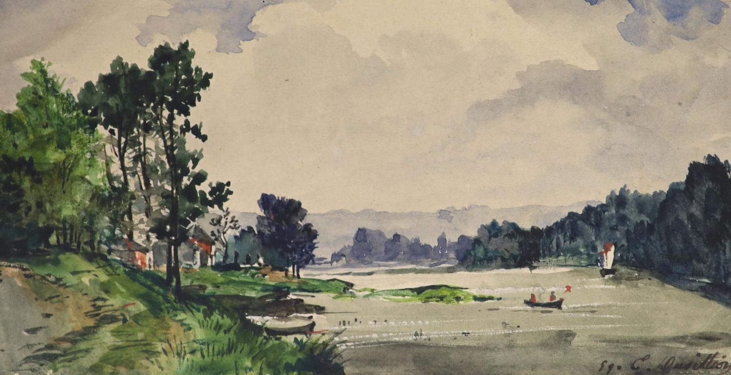 E. Dusillion (French Architect), watercolour, River landscape, signed and dated 1859, 8 x 15cm,