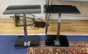 Pair of contemporary black glass and chrome side tables, width 40cm, depth 32cm, height 57cm