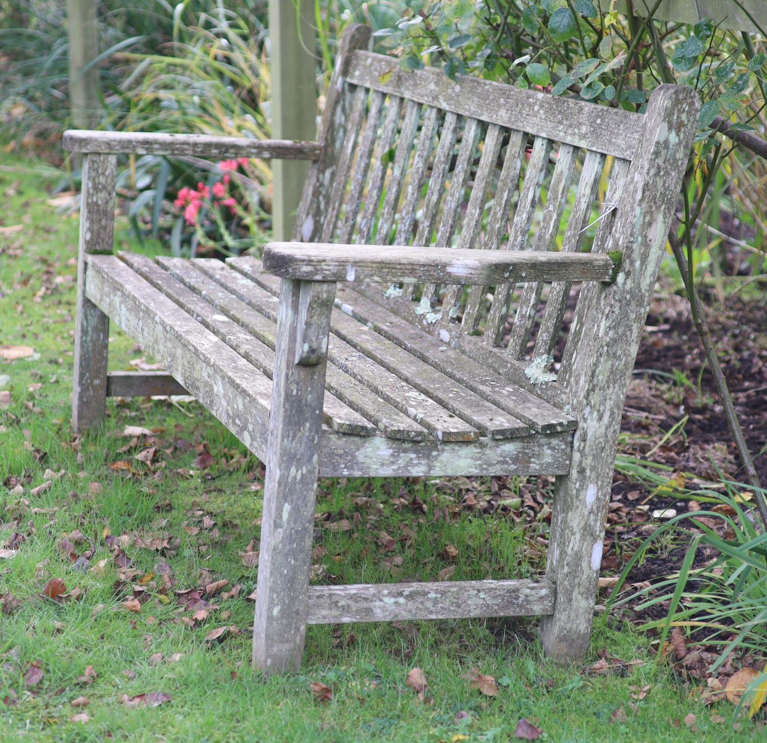 A pair of weathered teak garden benches, width 158cm - Image 5 of 5