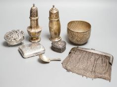 Small silver including a Victorian sugar bowl(split), two sugar casters, a pot pourri box(a.f.),