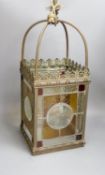 A Victorian leaded stained glass porch lantern, H 83cm, 23 x 23cm