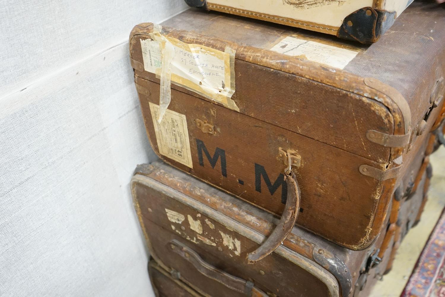 A collection of five vintage suitcases, largest width 83cm - Image 3 of 4